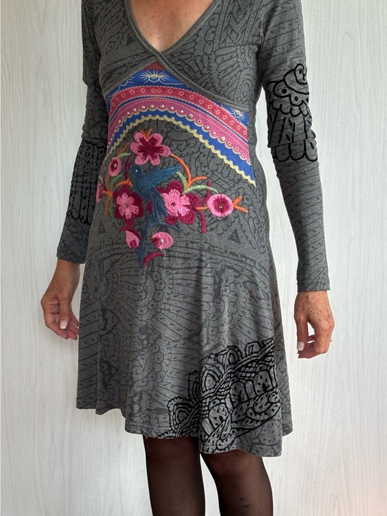 Desigual Dresses & Skirts - Gray Long-Sleeve V-Neck Dress with Pink Floral Embroidery